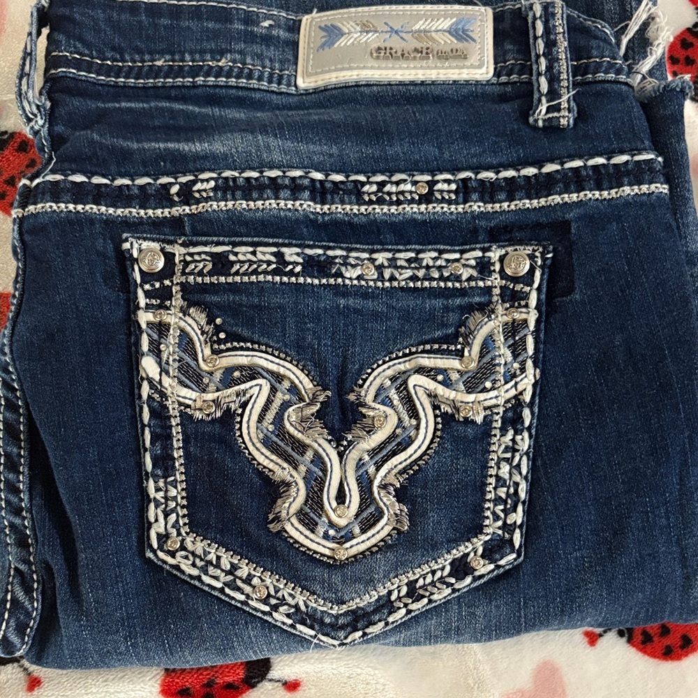 Grace in LA Dark Blue Bootcut Jeans with White & Silver Embroidered Pocket